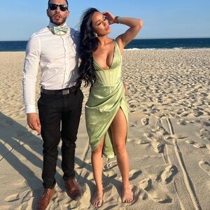 HOUSE OF CB “Faye” Pistachio Satin Corset Midi Dress